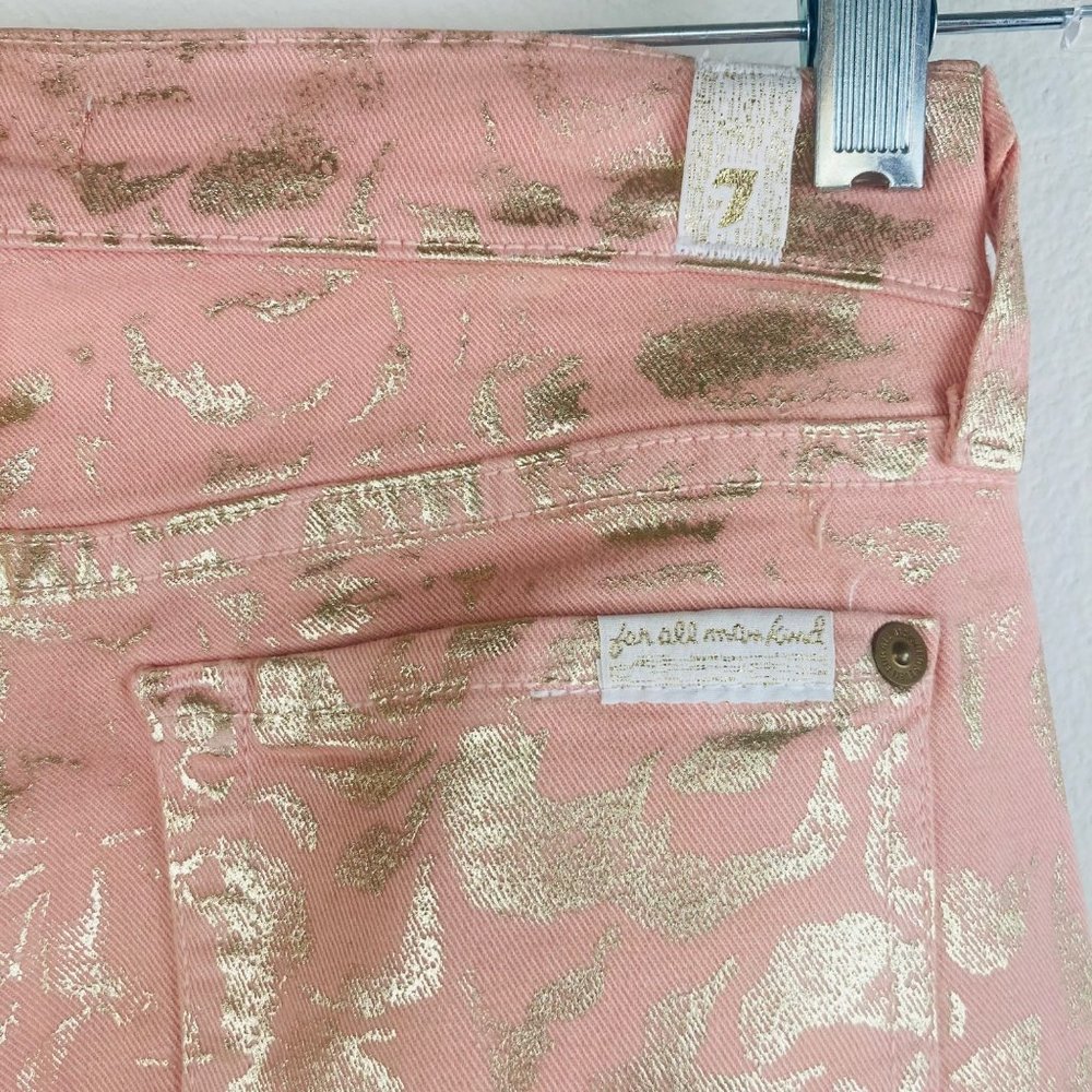 Jeans 7For All Mankind Pink Gold Leopard Print Jeans Low Rise 24 Waist SkinnyLeg - Picture 3 of 8